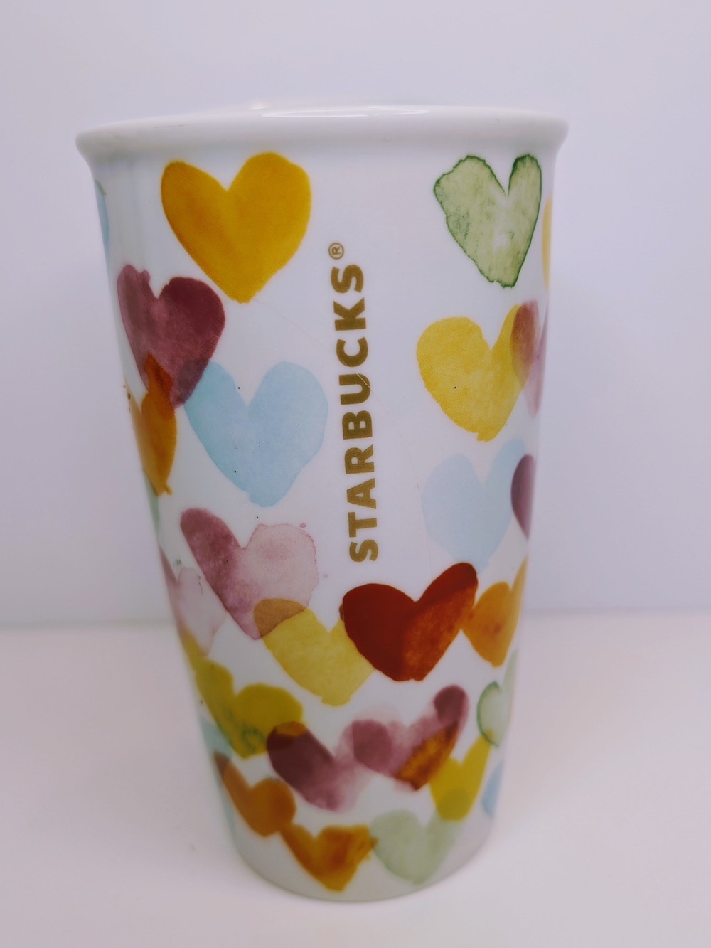 Starbucks Watercolor Hearts Ceramic Travel Tumbler 10 oz Mug Cup with Lid